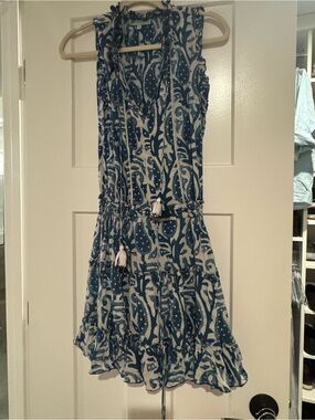 Girls Blue & White Printed Tiered Summer Dress